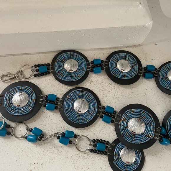 Aztec Concho Blue Beaded Black Leather Adjustable main image 6